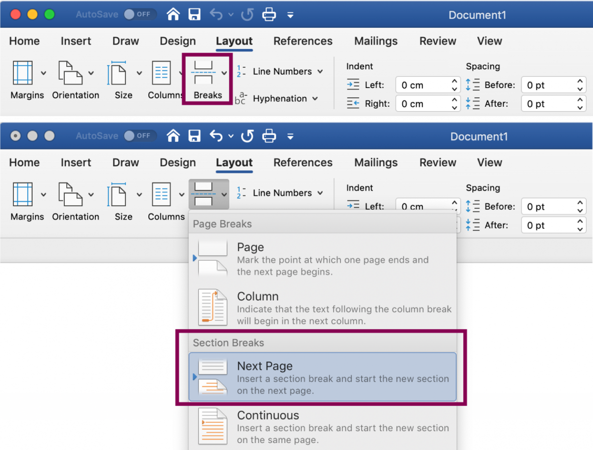 print pages within sections in word for mac
